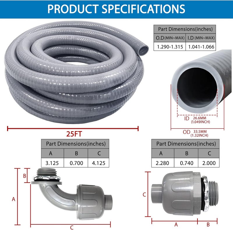 Ansgery 1inch 25ft Electrical Conduit Kit,Liquid-Tight Conduit and Connector Kit with 5 Straight and 3 Angle Fittings Included,Flexible Non - Metallic Electrical Conduit(1" Dia, 25 Feet) - Image 5